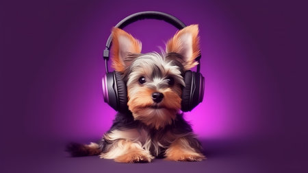 Photo of yorkshire terrier using headphone  on purple backgroundの素材