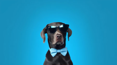 Photo of haughty labrador retriever dog using sunglasses  and office suit on white backgroundの素材