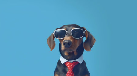 Photo of haughty dachshund using sunglasses  and office suit on white backgroundの素材
