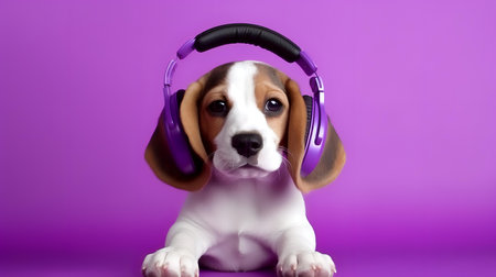 Photo of Beagle using headphone  on purple backgroundの素材