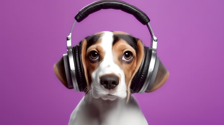 Photo of Beagle using headphone  on purple backgroundの素材