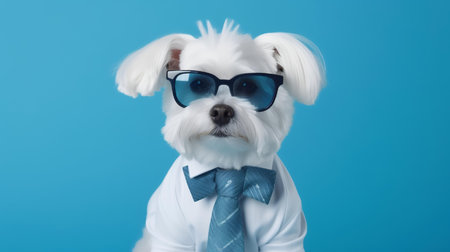 Photo of haughty maltese dog using glasses  and office suit on white backgroundの素材