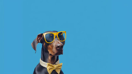 Photo of haughty doberman using sunglasses  and office suit on white backgroundの素材