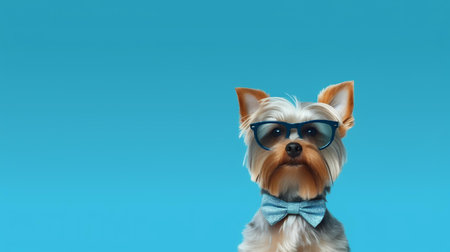 Photo of haughty yorkshire terrier using sunglasses  and office suit on white backgroundの素材