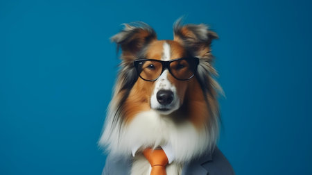 Photo of haughty rough collie dog using sunglasses  and office suit on white backgroundの素材