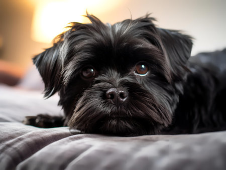 Portrait of Affenpinscher lying on bedの素材