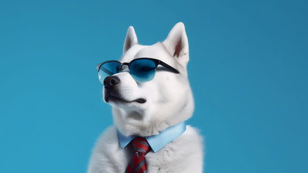 Photo of haughty siberian husky using glasses  and office suit on white backgroundの素材