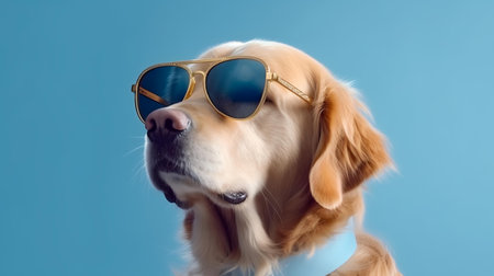 Photo of haughty golden retriever dog using sunglasses  and office suit on white backgroundの素材