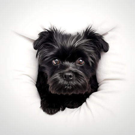 Portrait of Affenpinscher lying on bedの素材