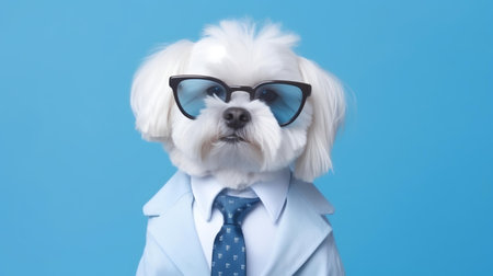 Photo of haughty maltese dog using glasses  and office suit on white backgroundの素材