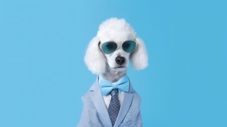 Photo of haughty poodle dog using sunglasses  and office suit on white backgroundの素材