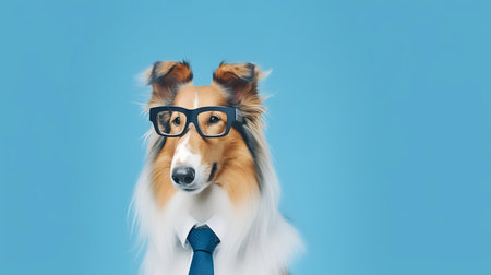 Photo of haughty rough collie dog using sunglasses  and office suit on white backgroundの素材