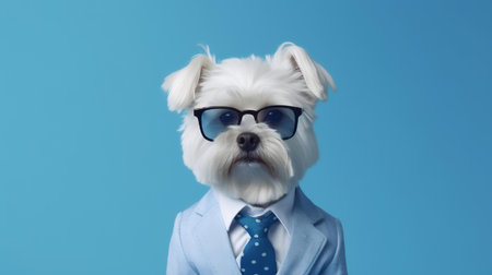 Photo of haughty maltese dog using glasses  and office suit on white backgroundの素材