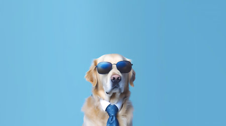 Photo of haughty golden retriever dog using sunglasses  and office suit on white backgroundの素材