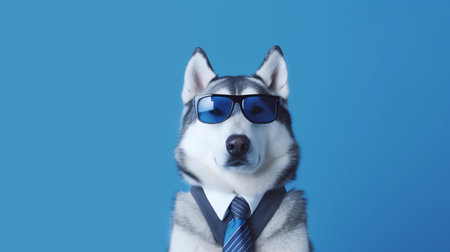 Photo of haughty siberian husky using glasses  and office suit on white backgroundの素材
