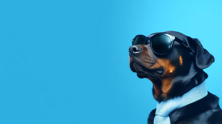 Photo of haughty Rottweiler dog using sunglasses  and office suit on white backgroundの素材