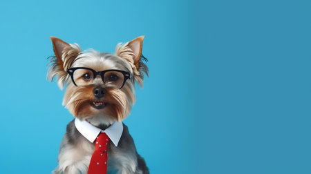 Photo of haughty yorkshire terrier using sunglasses  and office suit on white backgroundの素材