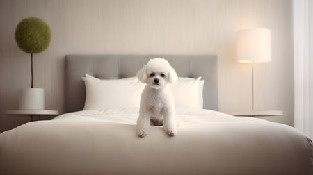 poodle dog standing in a minimalist living room with white tonesの素材