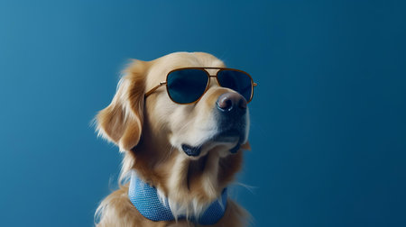 Photo of haughty golden retriever dog using sunglasses  and office suit on white backgroundの素材