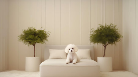 poodle dog standing in a minimalist living room with white tonesの素材