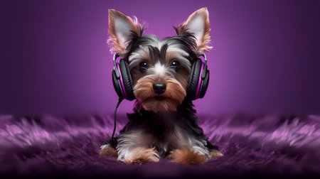 Photo of yorkshire terrier using headphone  on purple backgroundの素材