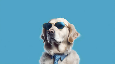 Photo of haughty golden retriever dog using sunglasses  and office suit on white backgroundの素材