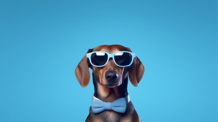 Photo of haughty dachshund using sunglasses  and office suit on white backgroundの素材