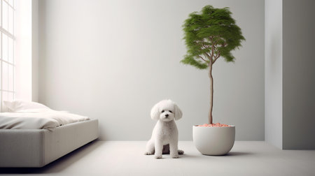 poodle dog standing in a minimalist living room with white tonesの素材