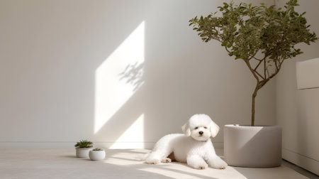 poodle dog standing in a minimalist living room with white tonesの素材