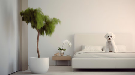 poodle dog standing in a minimalist living room with white tonesの素材