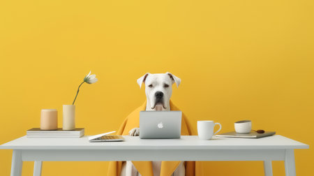 a bulldog dog in a yellow clothes sits studying accompanied by a cup and piles of booksの素材