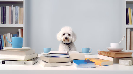 a poodle dog in a sweater sits studying accompanied by a cup and piles of booksの素材