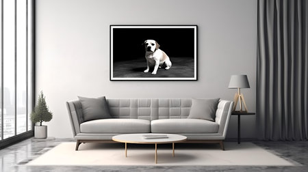 Interior of modern living room with white sofa, coffee table and pictures on wallの素材