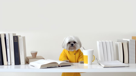 a bichon frise dog in a yellow clothes sits studying accompanied by a cup and piles of booksの素材