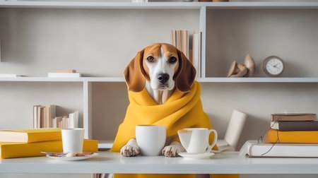 a beagle dog in a yellow clothes sits studying accompanied by a cup and piles of booksの素材