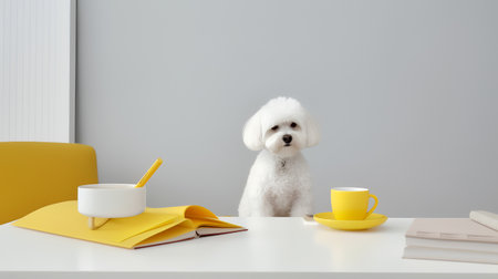 a poodle dog sits studying accompanied by a cup and piles of booksの素材