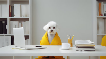 a poodle dog in a yellow clothes sits studying accompanied by a cup and piles of booksの素材