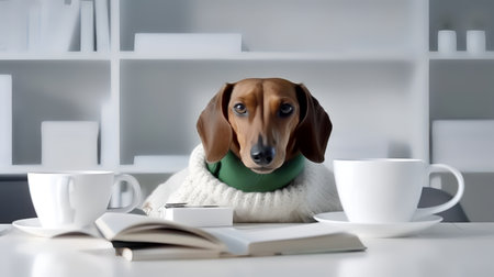 a dachshund dog in a green clothes sits studying accompanied by a cup and piles of booksの素材