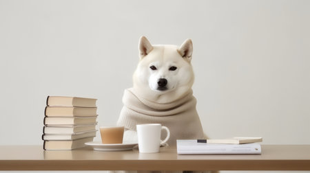 a shiba inu dog in a sweater sits studying accompanied by a cup and piles of booksの素材