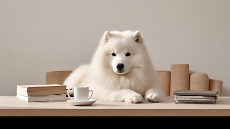 a samoyed dog in a sweater sits studying accompanied by a cup and piles of booksの素材