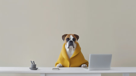 a bulldog dog in a yellow clothes sits studying accompanied by a cup and piles of booksの素材