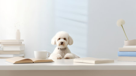a poodle dog in a sweater sits studying accompanied by a cup and piles of booksの素材