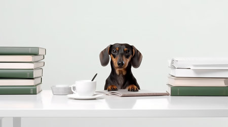 a dachshund dog in a green clothes sits studying accompanied by a cup and piles of booksの素材