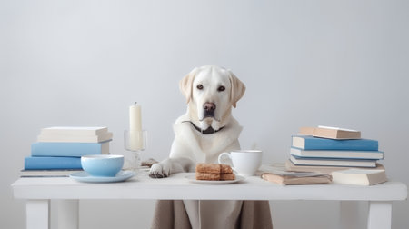 a golden retriever dog in a sweater sits studying accompanied by a cup and piles of booksの素材