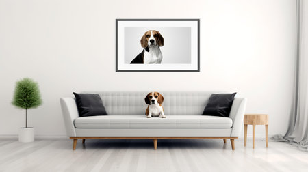 3D rendering of a living room with a sofa and a dogの素材