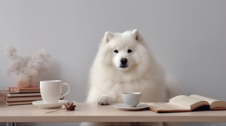 a samoyed dog in a sweater sits studying accompanied by a cup and piles of booksの素材