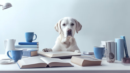 a golden retriever dog in a sweater sits studying accompanied by a cup and piles of booksの素材