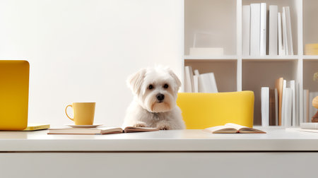 a bichon frise dog in a yellow clothes sits studying accompanied by a cup and piles of booksの素材