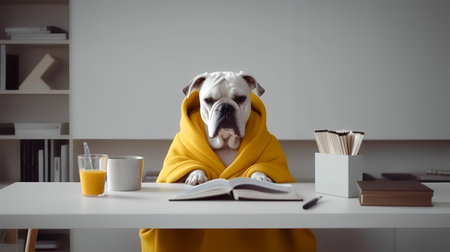 a bulldog dog in a yellow clothes sits studying accompanied by a cup and piles of booksの素材