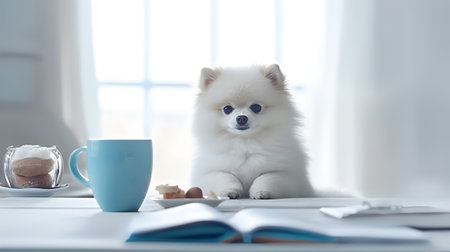 a pomeranian dog in a sweater sits studying accompanied by a cup and piles of booksの素材